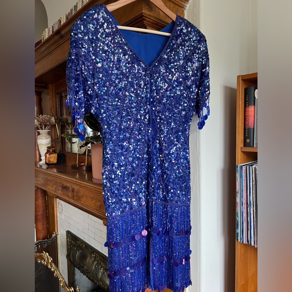 VTG Scala blue sequin, beaded evening dress size L - Picture 3 of 6